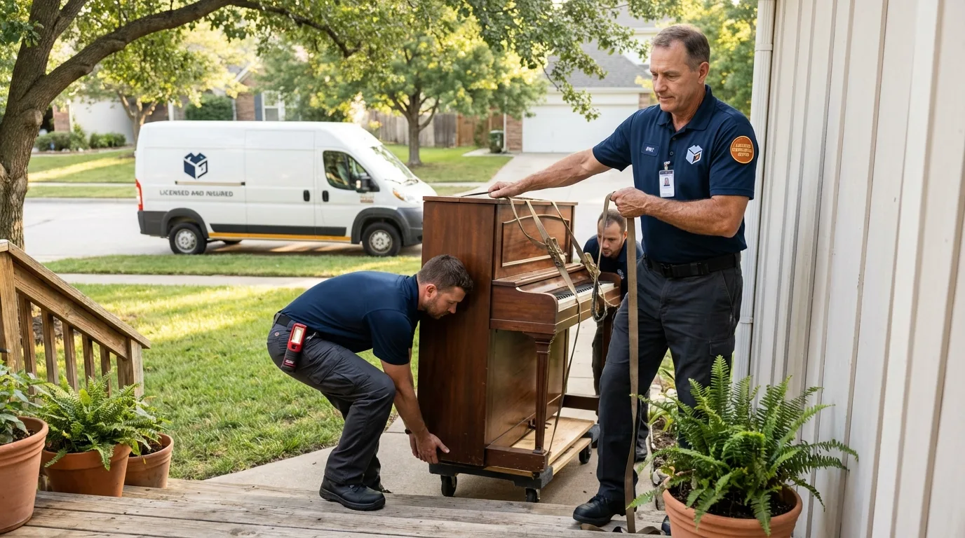 Licensed piano movers securing grand piano in Bethel, OH