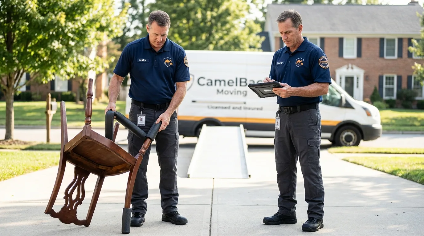 Movers inspecting furniture for damage prevention before loading in Bethel, OH